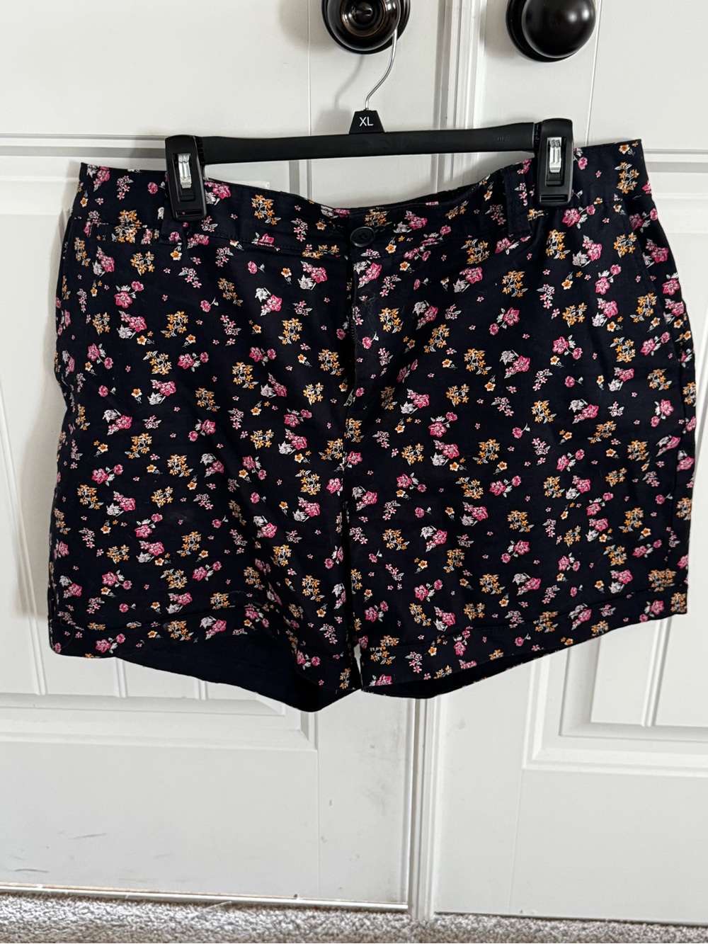 Lane Bryant Black Floral Bermuda Shorts with Pink & Gold Accents